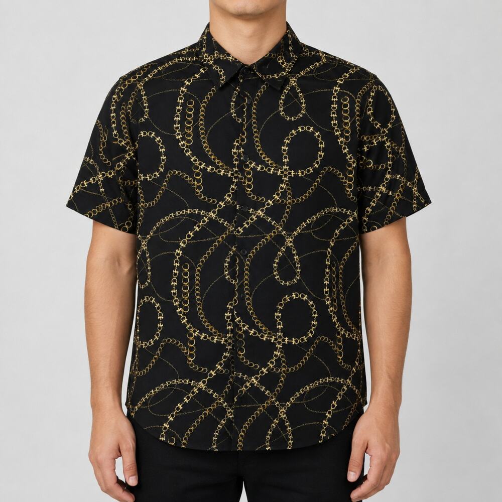 Denim & Flower Shirt Mens Medium Gold Chain Print Baroque Comfort Stretch